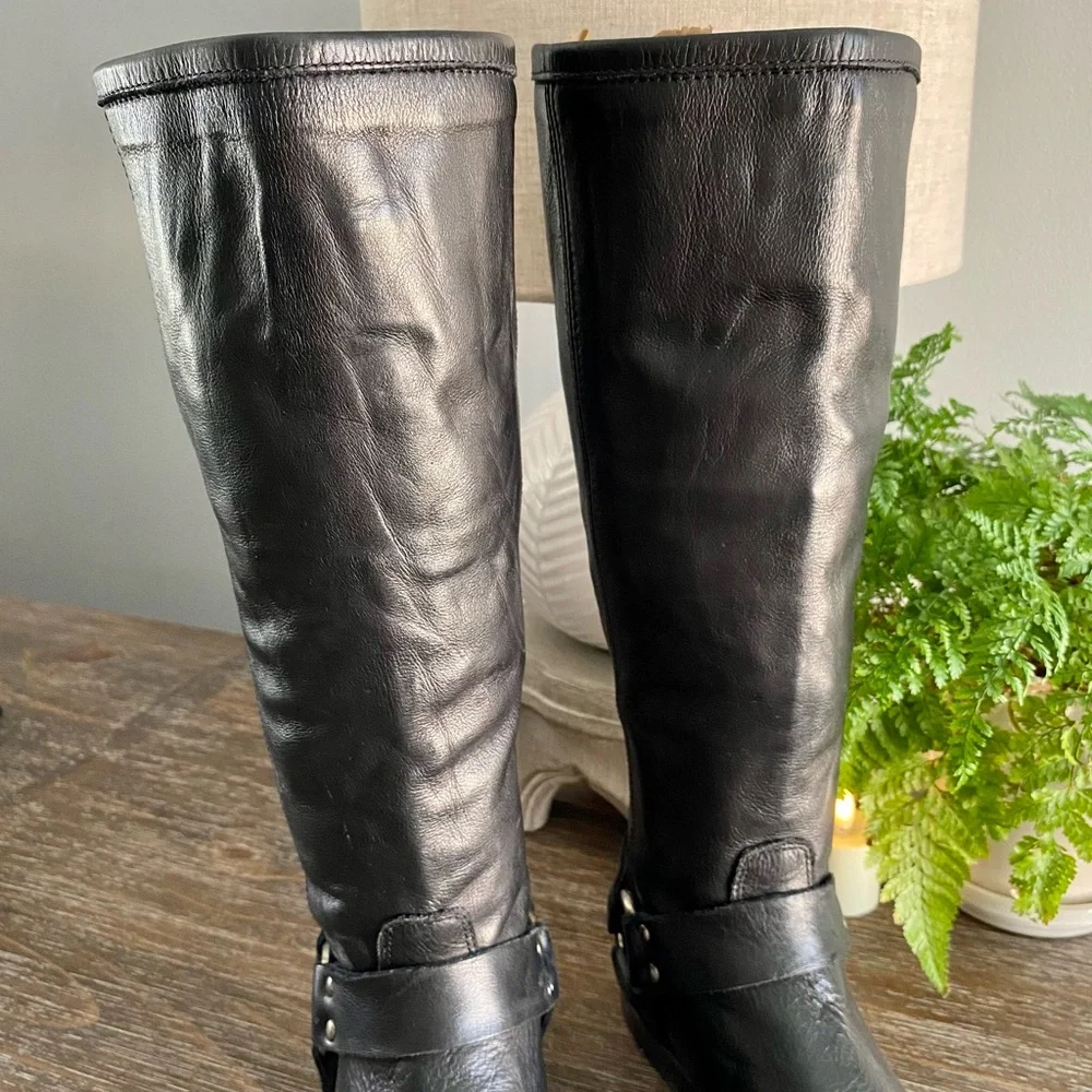 FRYE Phillip Harness Tall Knee High Wide Calf Boots Shoe Black Leather Womens 6B